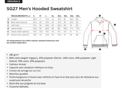 Hoodies. SG - Tableau des tailles
